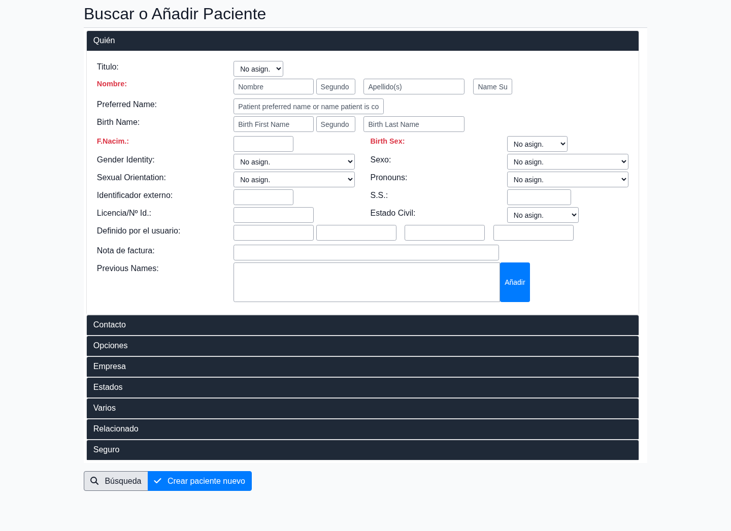 Pantalla real de buscar o añadir paciente en Vanguard ECE