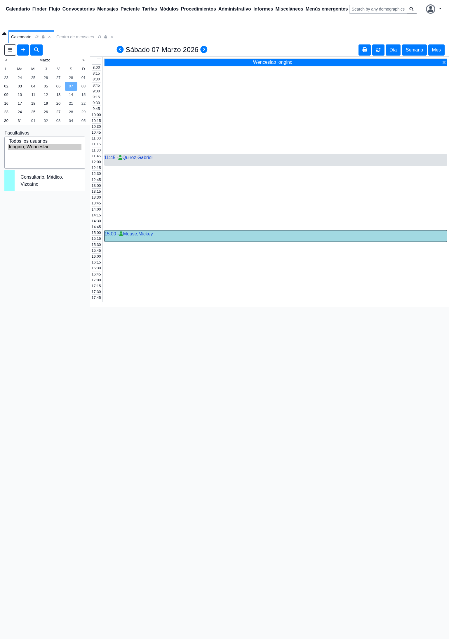 Agenda real del día en Vanguard ECE con cita del paciente
