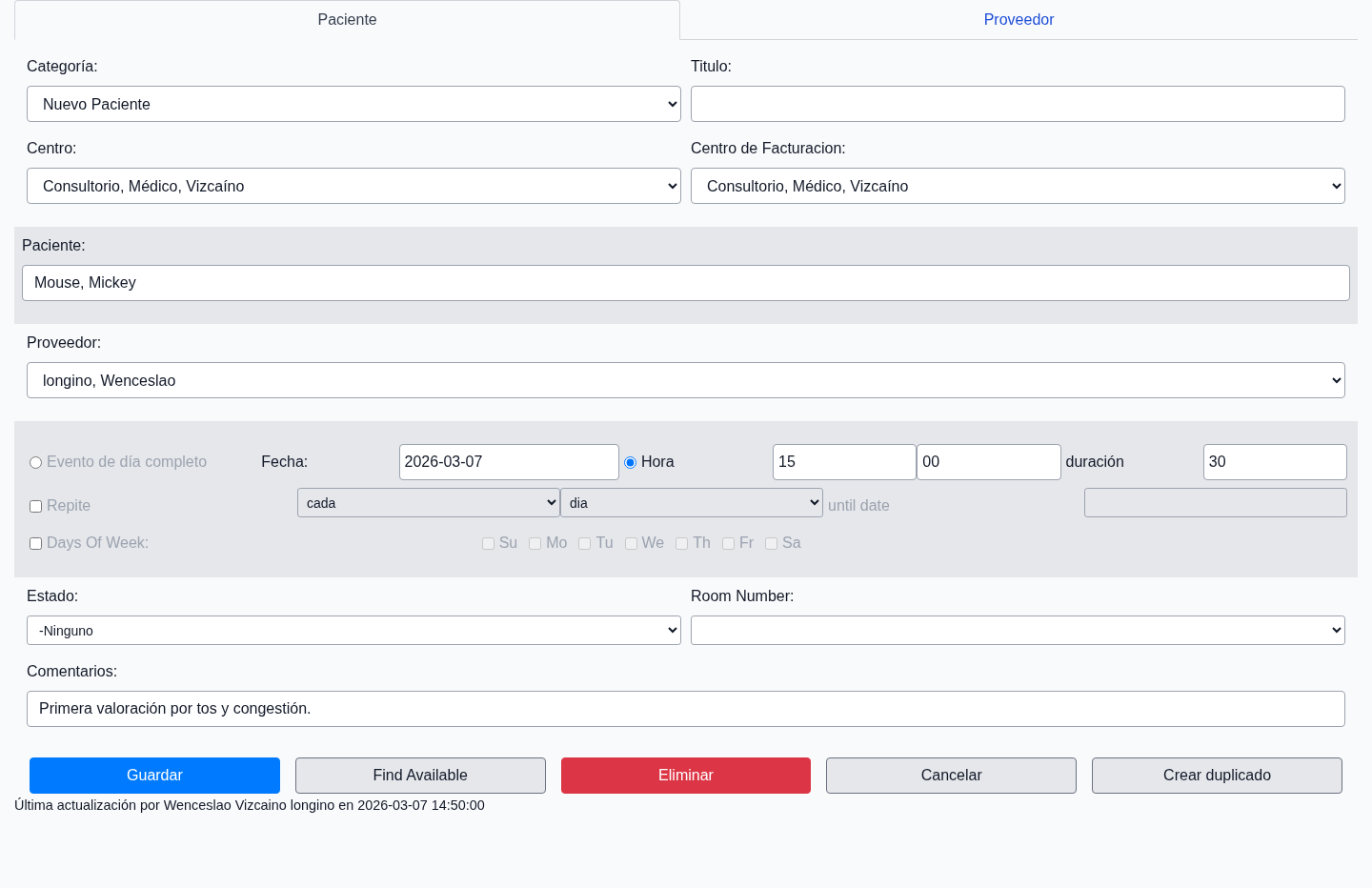 Detalle real de la cita en Vanguard ECE