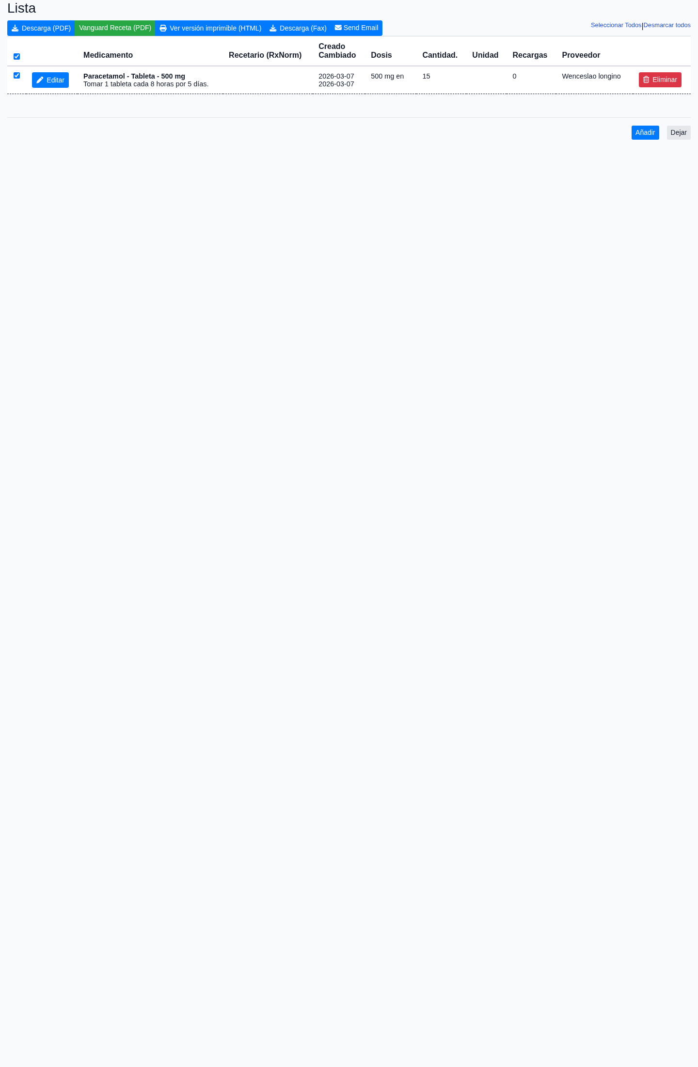 Lista real de recetas del paciente en Vanguard ECE
